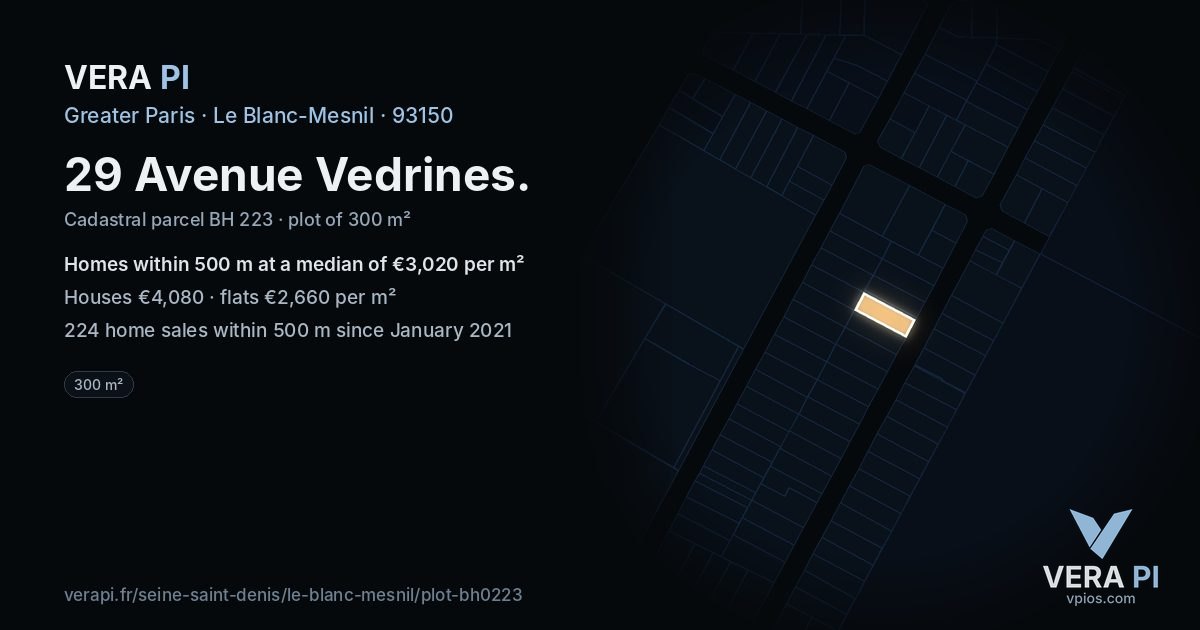 29 Avenue Vedrines, Le Blanc-Mesnil at night – the plot lit, the parcels around coloured by the prices near them