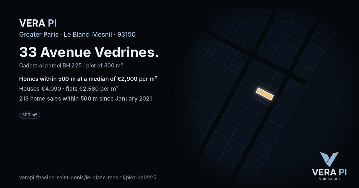 33 Avenue Vedrines, Le Blanc-Mesnil at night – the plot lit, the parcels around coloured by the prices near them