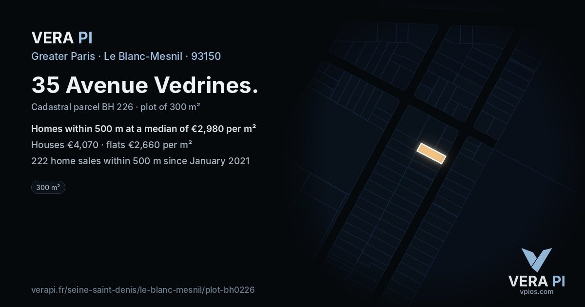35 Avenue Vedrines, Le Blanc-Mesnil at night – the plot lit, the parcels around coloured by the prices near them