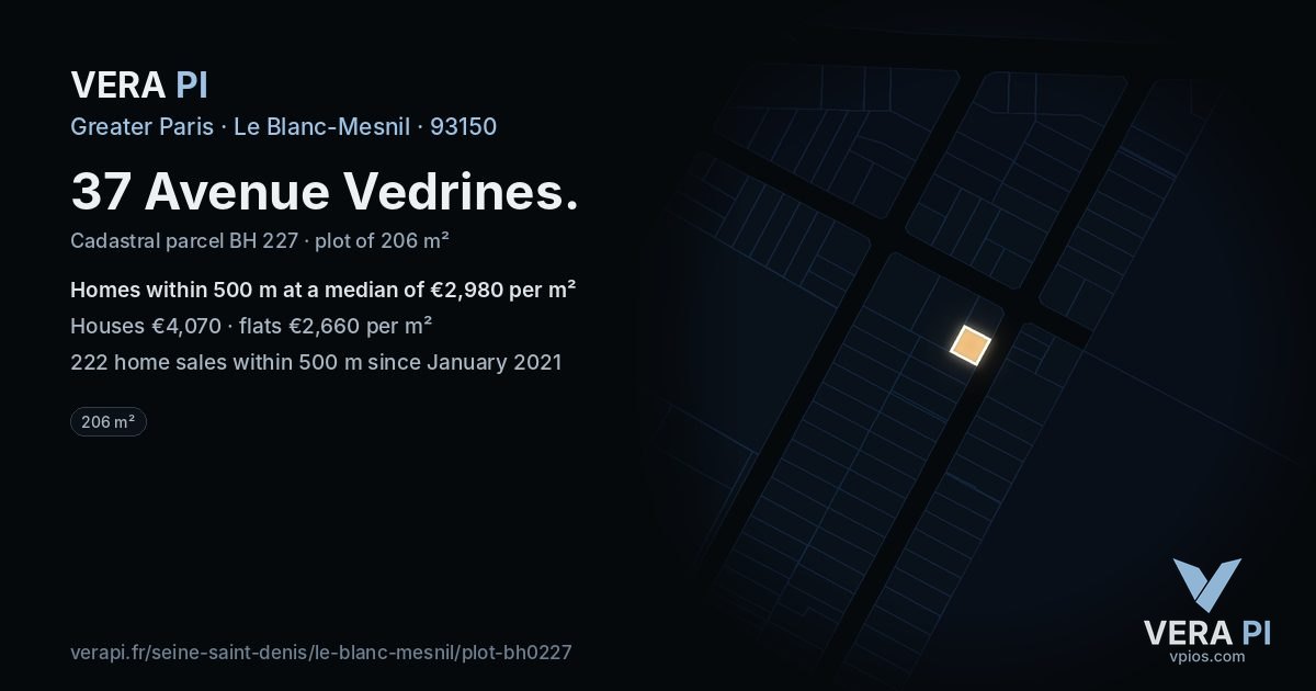 37 Avenue Vedrines, Le Blanc-Mesnil at night – the plot lit, the parcels around coloured by the prices near them