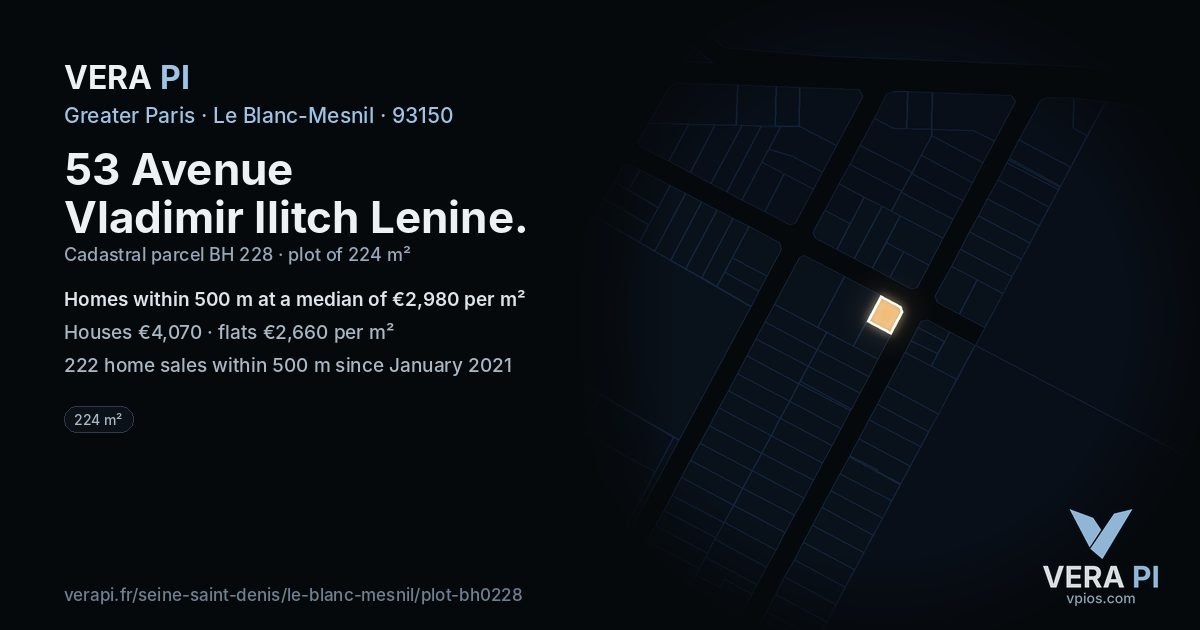 53 Avenue Vladimir Ilitch Lenine, Le Blanc-Mesnil at night – the plot lit, the parcels around coloured by the prices near them