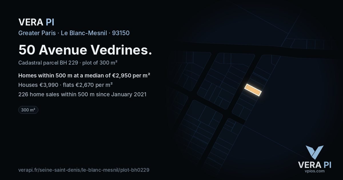 50 Avenue Vedrines, Le Blanc-Mesnil at night – the plot lit, the parcels around coloured by the prices near them