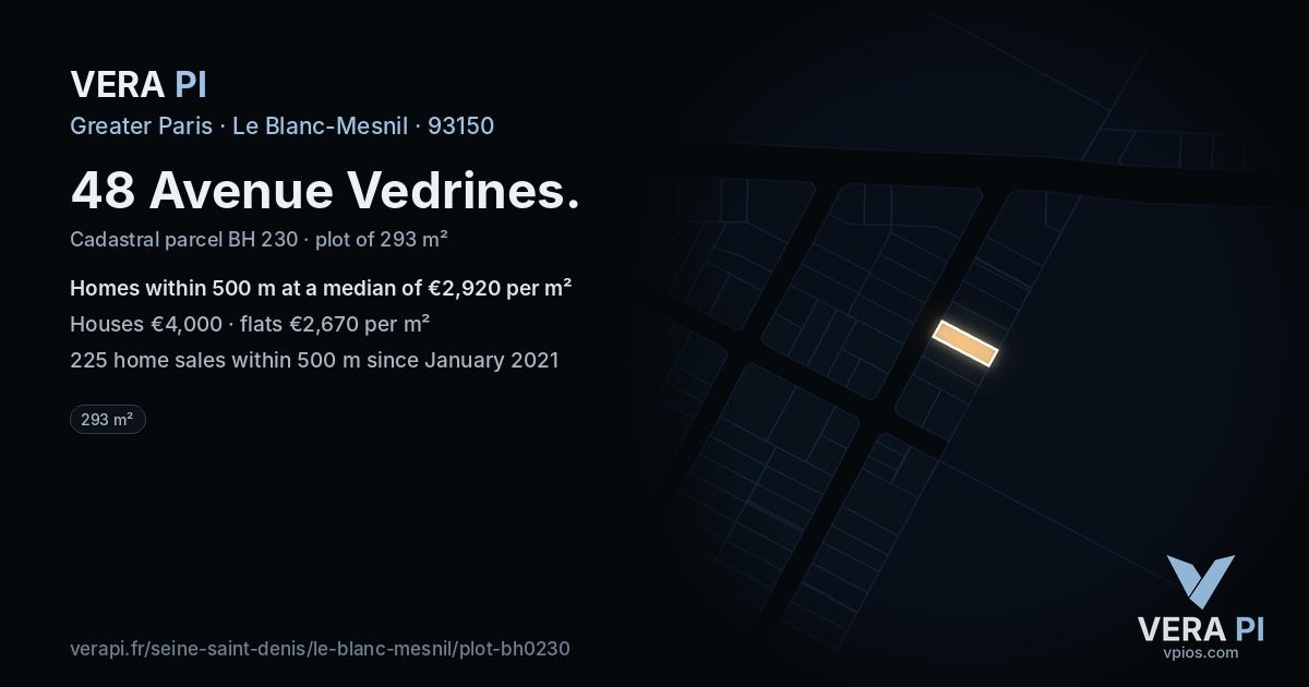48 Avenue Vedrines, Le Blanc-Mesnil at night – the plot lit, the parcels around coloured by the prices near them