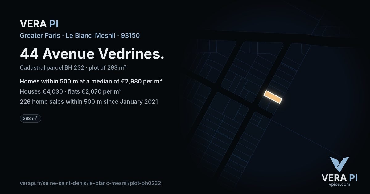 44 Avenue Vedrines, Le Blanc-Mesnil at night – the plot lit, the parcels around coloured by the prices near them
