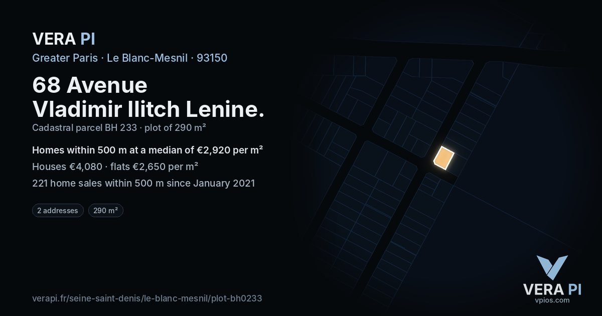 68 Avenue Vladimir Ilitch Lenine, Le Blanc-Mesnil at night – the plot lit, the parcels around coloured by the prices near them