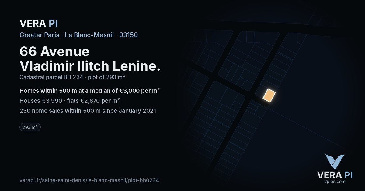 66 Avenue Vladimir Ilitch Lenine, Le Blanc-Mesnil at night – the plot lit, the parcels around coloured by the prices near them