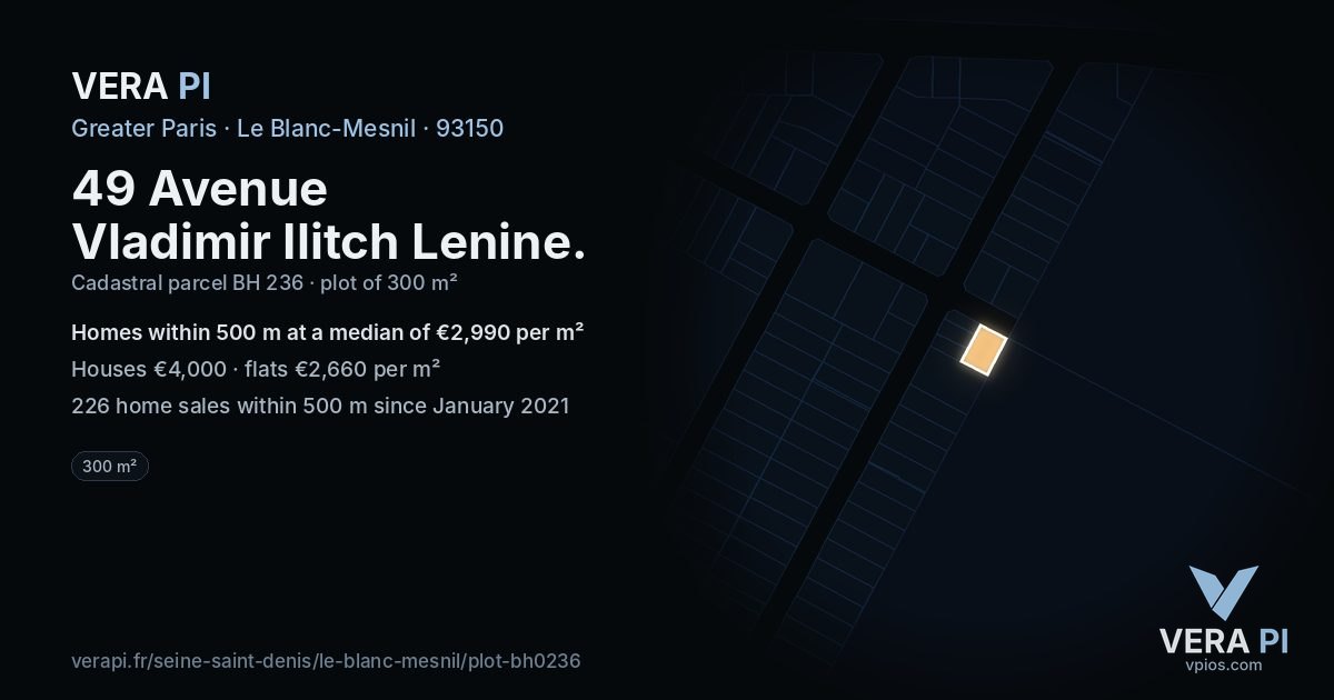 49 Avenue Vladimir Ilitch Lenine, Le Blanc-Mesnil at night – the plot lit, the parcels around coloured by the prices near them