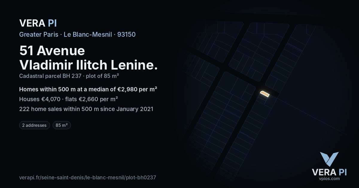 51 Avenue Vladimir Ilitch Lenine, Le Blanc-Mesnil at night – the plot lit, the parcels around coloured by the prices near them
