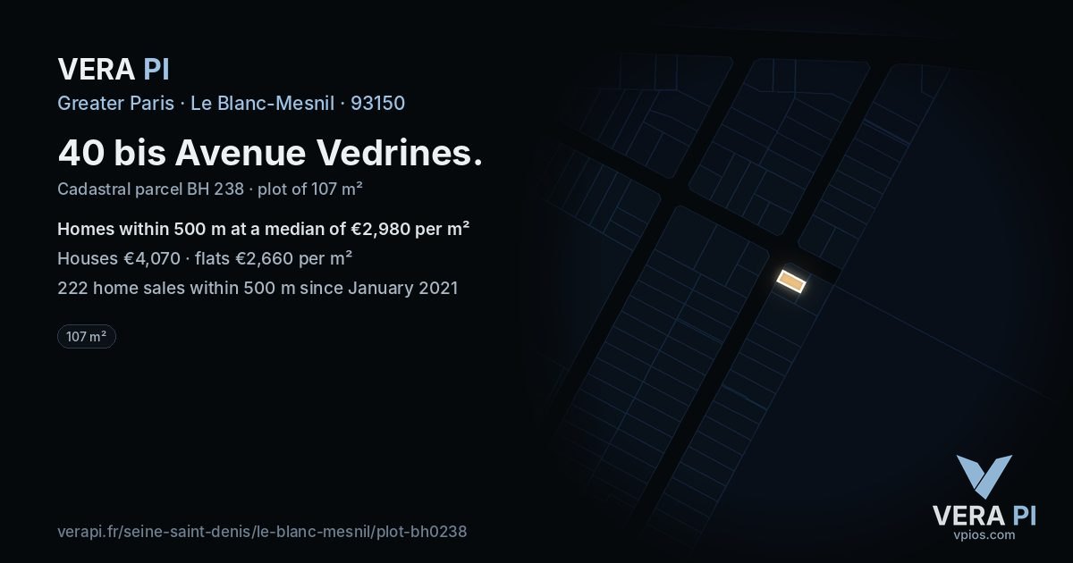 40 bis Avenue Vedrines, Le Blanc-Mesnil at night – the plot lit, the parcels around coloured by the prices near them