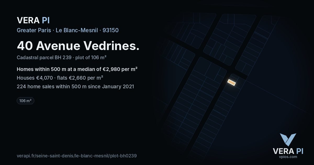 40 Avenue Vedrines, Le Blanc-Mesnil at night – the plot lit, the parcels around coloured by the prices near them