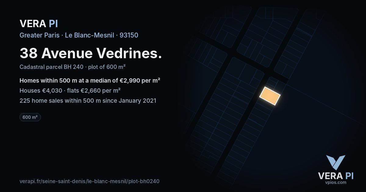 38 Avenue Vedrines, Le Blanc-Mesnil at night – the plot lit, the parcels around coloured by the prices near them