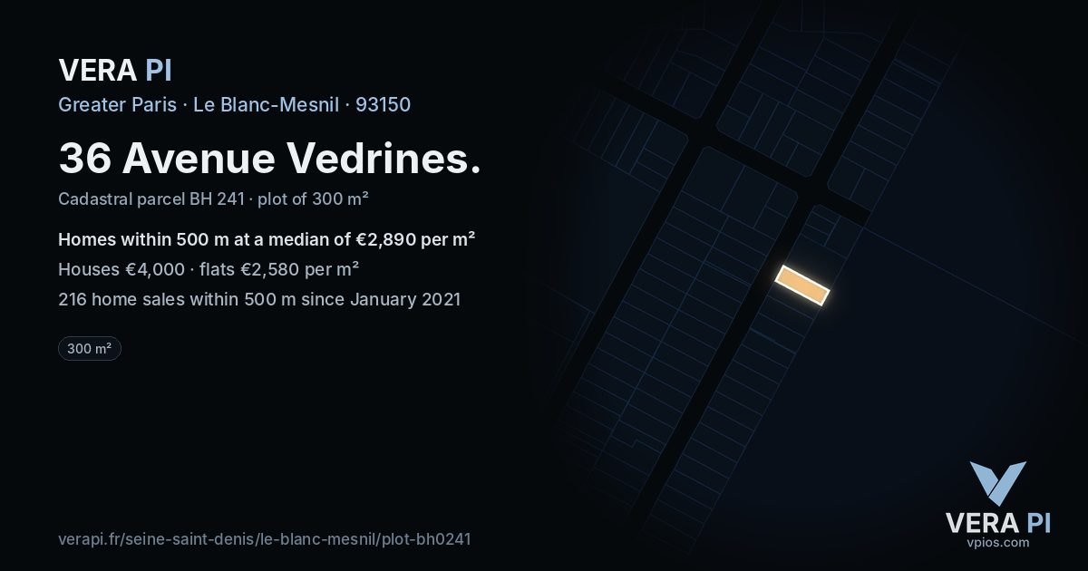 36 Avenue Vedrines, Le Blanc-Mesnil at night – the plot lit, the parcels around coloured by the prices near them