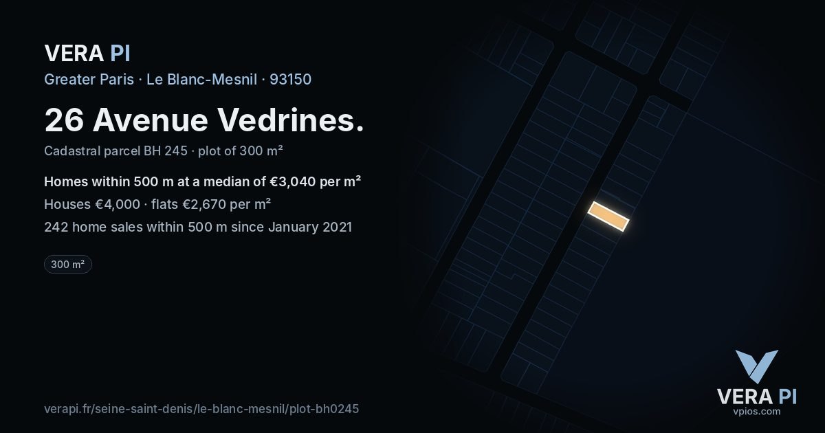26 Avenue Vedrines, Le Blanc-Mesnil at night – the plot lit, the parcels around coloured by the prices near them