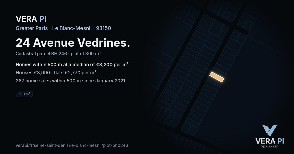 24 Avenue Vedrines, Le Blanc-Mesnil at night – the plot lit, the parcels around coloured by the prices near them