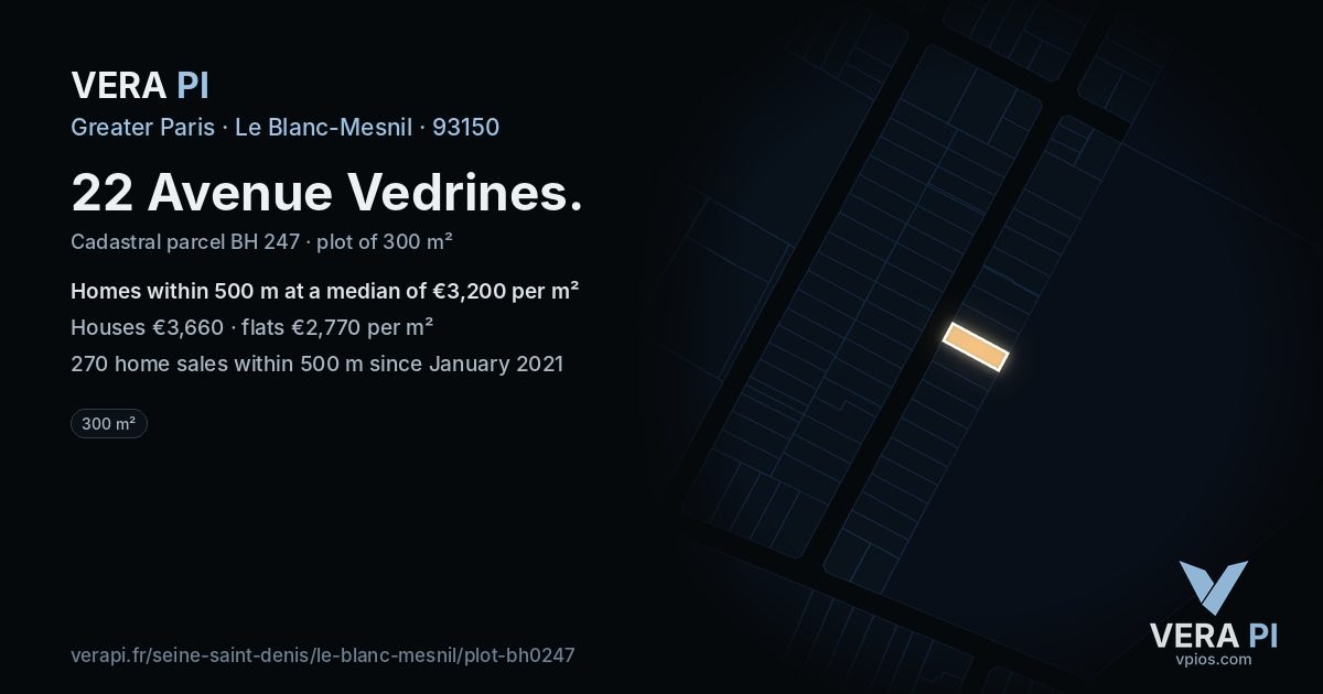 22 Avenue Vedrines, Le Blanc-Mesnil at night – the plot lit, the parcels around coloured by the prices near them