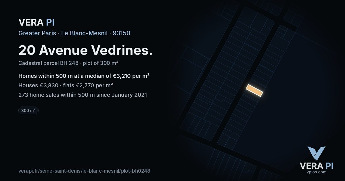 20 Avenue Vedrines, Le Blanc-Mesnil at night – the plot lit, the parcels around coloured by the prices near them