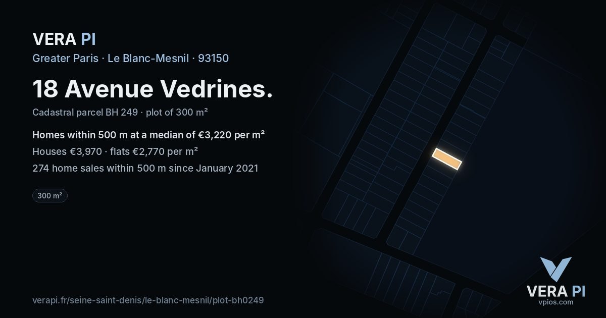 18 Avenue Vedrines, Le Blanc-Mesnil at night – the plot lit, the parcels around coloured by the prices near them
