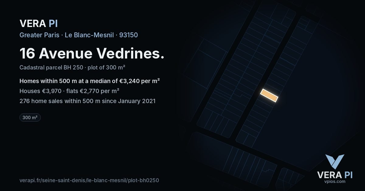 16 Avenue Vedrines, Le Blanc-Mesnil at night – the plot lit, the parcels around coloured by the prices near them