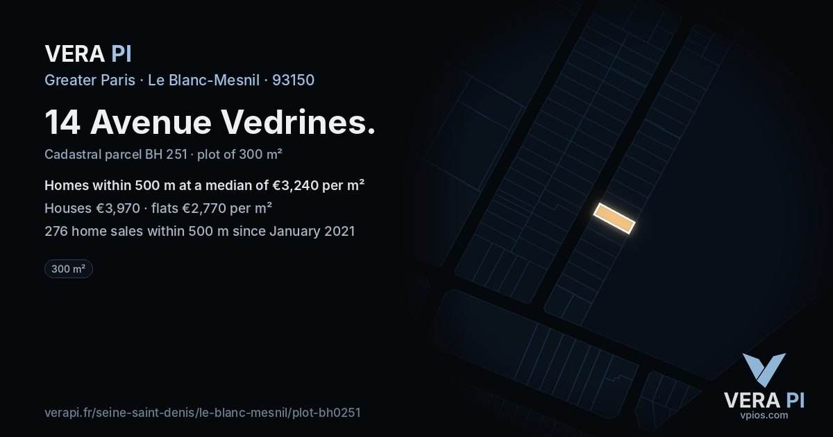 14 Avenue Vedrines, Le Blanc-Mesnil at night – the plot lit, the parcels around coloured by the prices near them