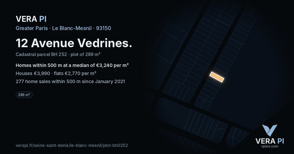 12 Avenue Vedrines, Le Blanc-Mesnil at night – the plot lit, the parcels around coloured by the prices near them