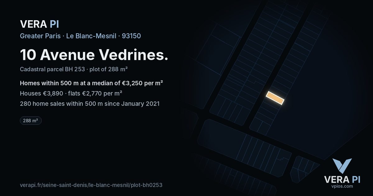 10 Avenue Vedrines, Le Blanc-Mesnil at night – the plot lit, the parcels around coloured by the prices near them