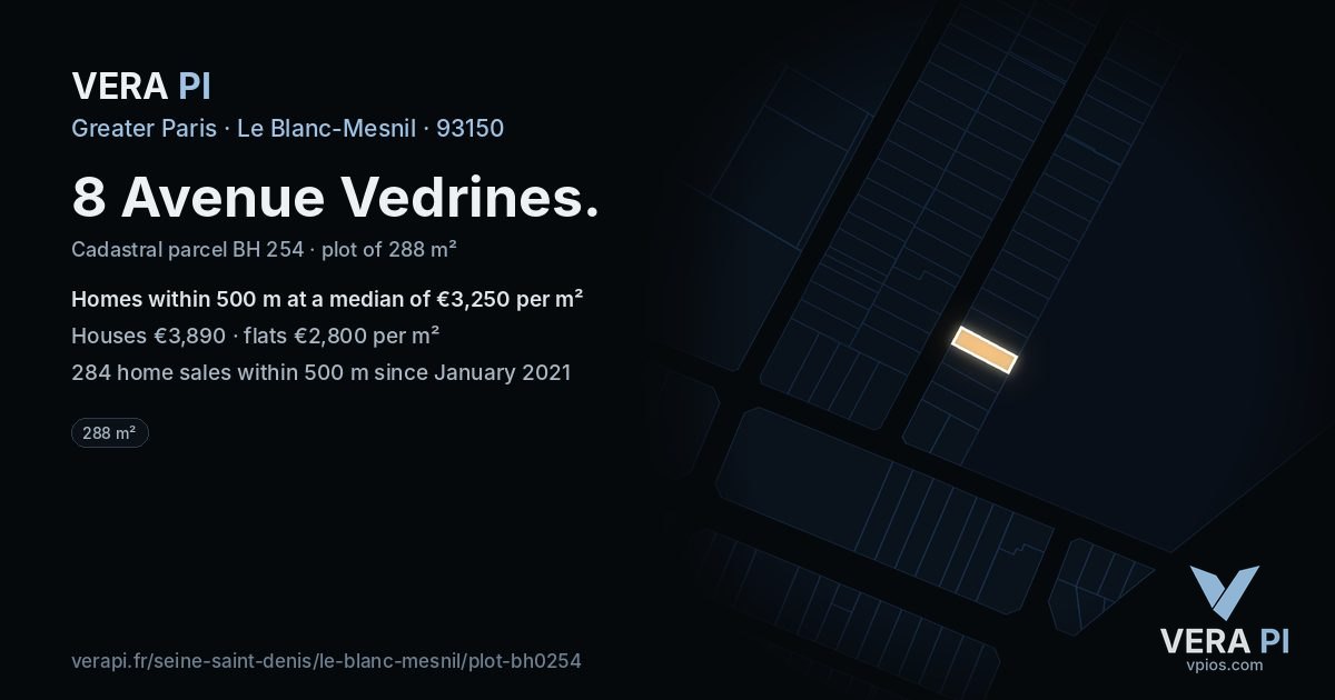 8 Avenue Vedrines, Le Blanc-Mesnil at night – the plot lit, the parcels around coloured by the prices near them