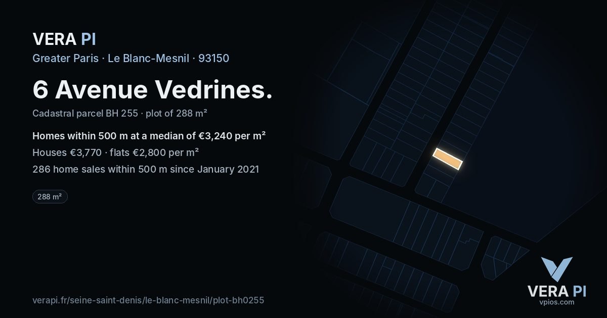 6 Avenue Vedrines, Le Blanc-Mesnil at night – the plot lit, the parcels around coloured by the prices near them