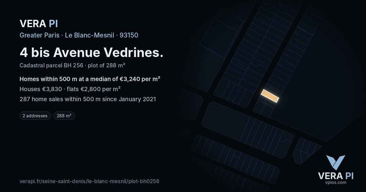 4 bis Avenue Vedrines, Le Blanc-Mesnil at night – the plot lit, the parcels around coloured by the prices near them