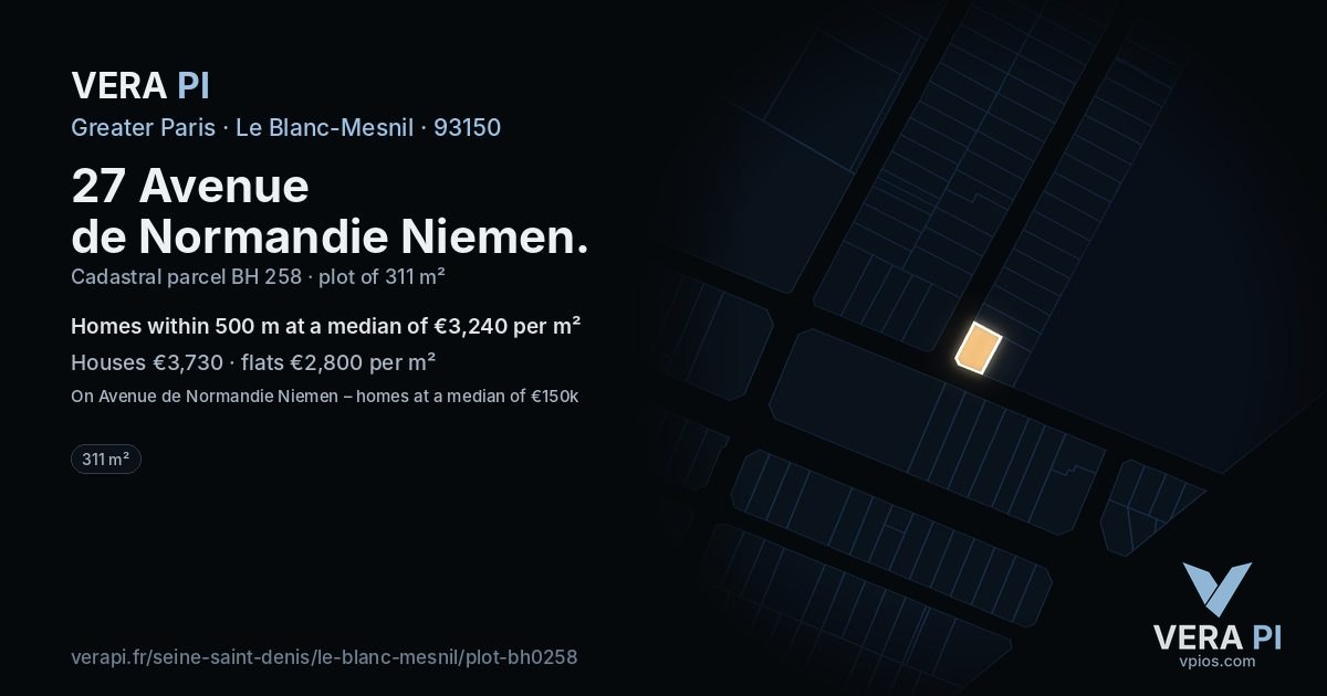 27 Avenue de Normandie Niemen, Le Blanc-Mesnil at night – the plot lit, the parcels around coloured by the prices near them