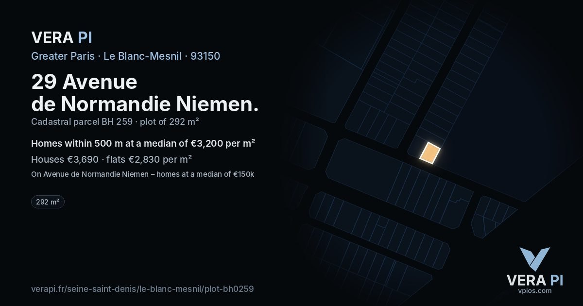 29 Avenue de Normandie Niemen, Le Blanc-Mesnil at night – the plot lit, the parcels around coloured by the prices near them