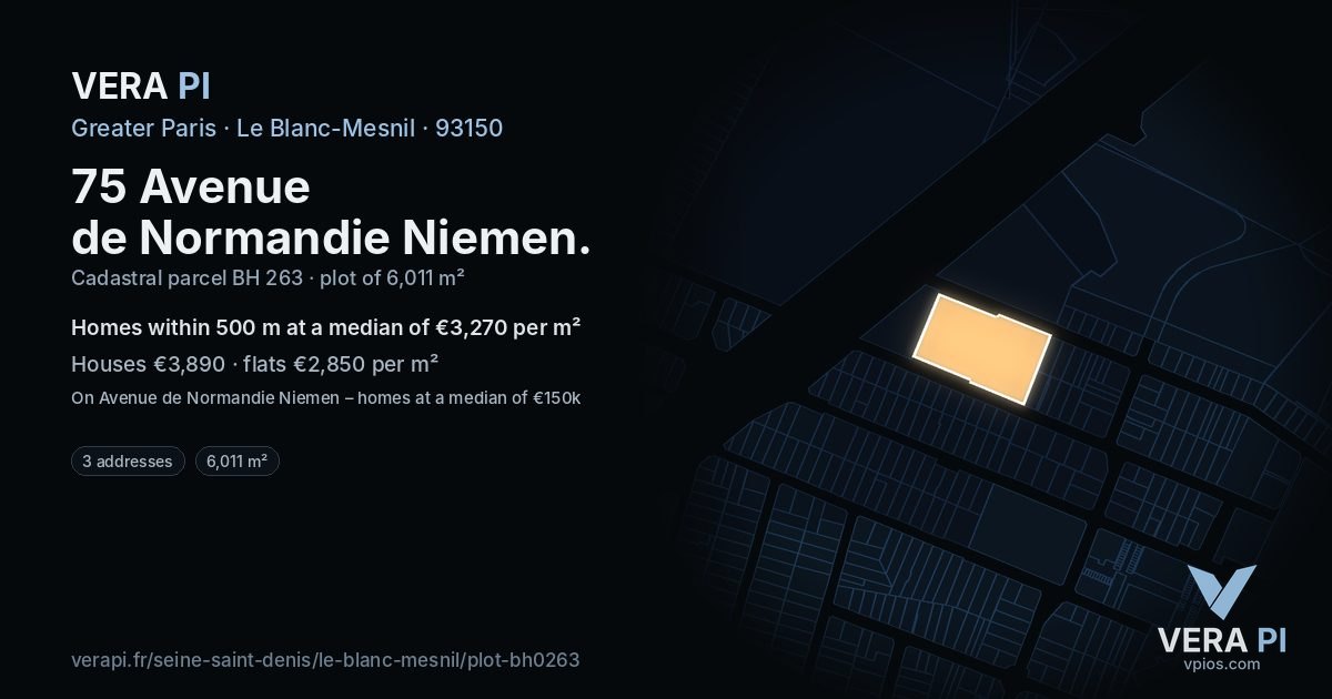 75 Avenue de Normandie Niemen, Le Blanc-Mesnil at night – the plot lit, the parcels around coloured by the prices near them