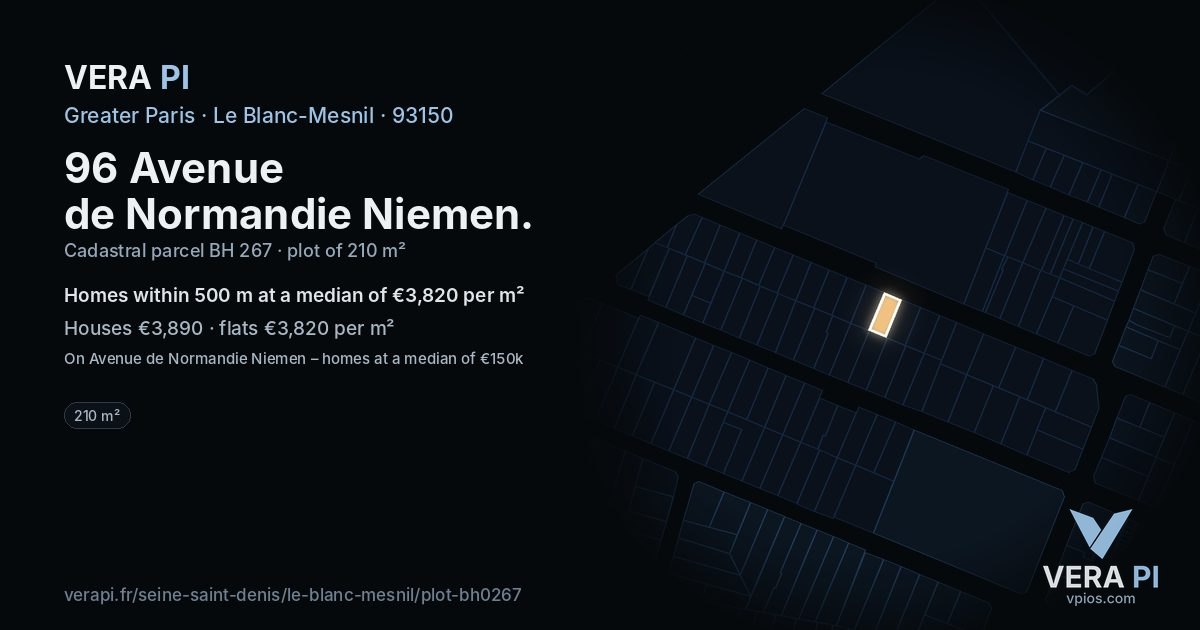 96 Avenue de Normandie Niemen, Le Blanc-Mesnil at night – the plot lit, the parcels around coloured by the prices near them