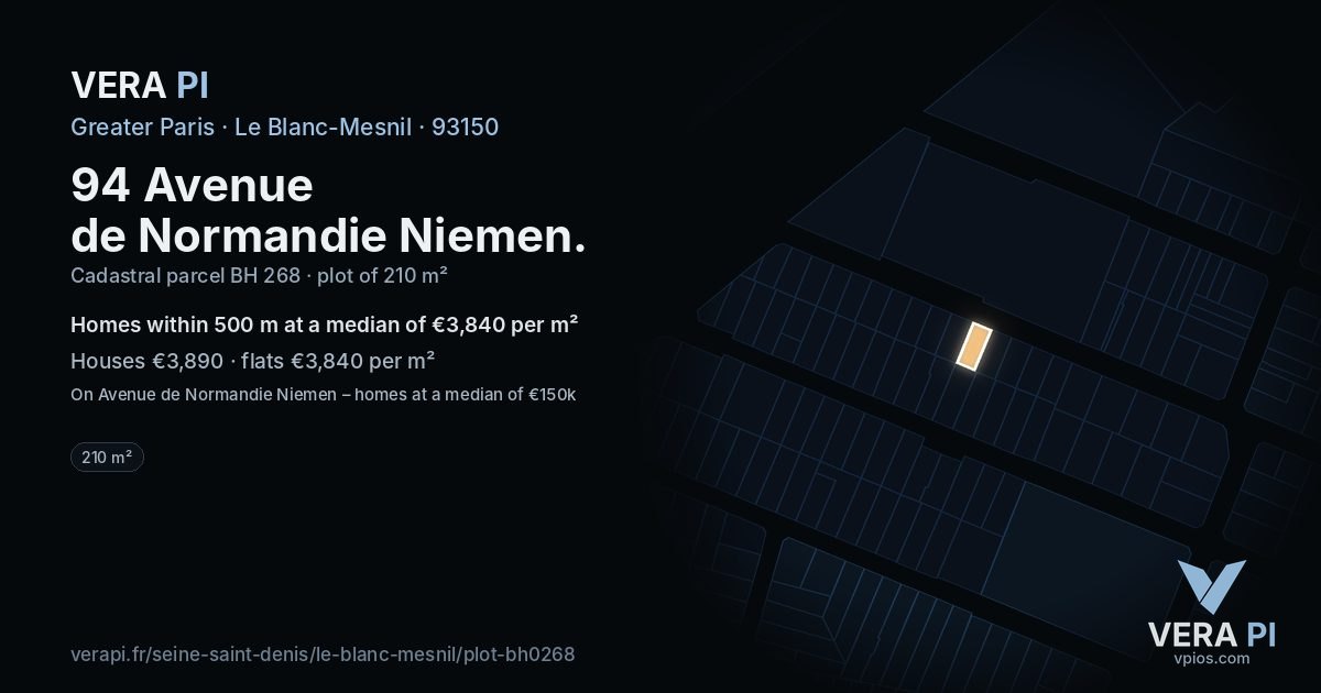 94 Avenue de Normandie Niemen, Le Blanc-Mesnil at night – the plot lit, the parcels around coloured by the prices near them