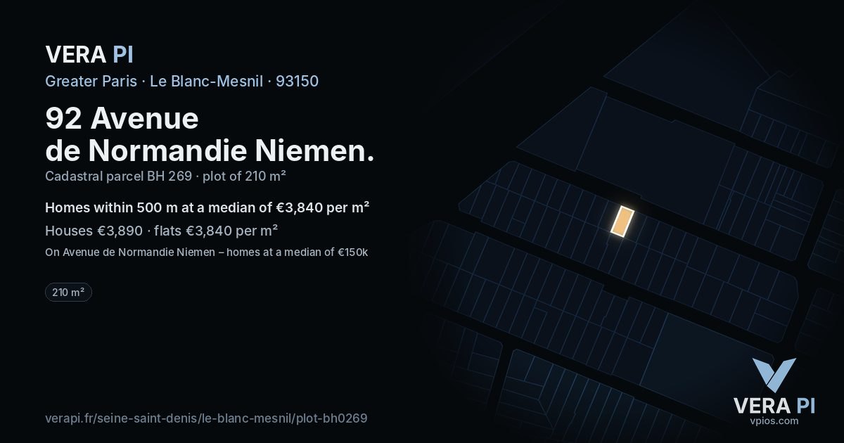 92 Avenue de Normandie Niemen, Le Blanc-Mesnil at night – the plot lit, the parcels around coloured by the prices near them