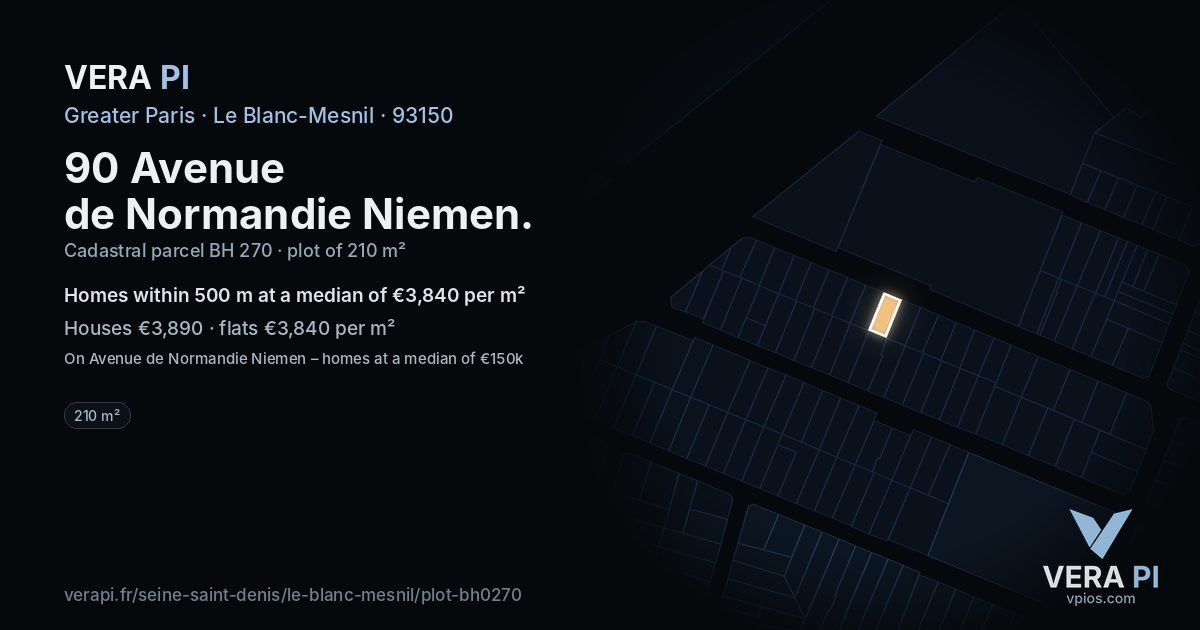 90 Avenue de Normandie Niemen, Le Blanc-Mesnil at night – the plot lit, the parcels around coloured by the prices near them