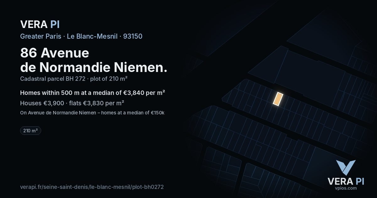 86 Avenue de Normandie Niemen, Le Blanc-Mesnil at night – the plot lit, the parcels around coloured by the prices near them