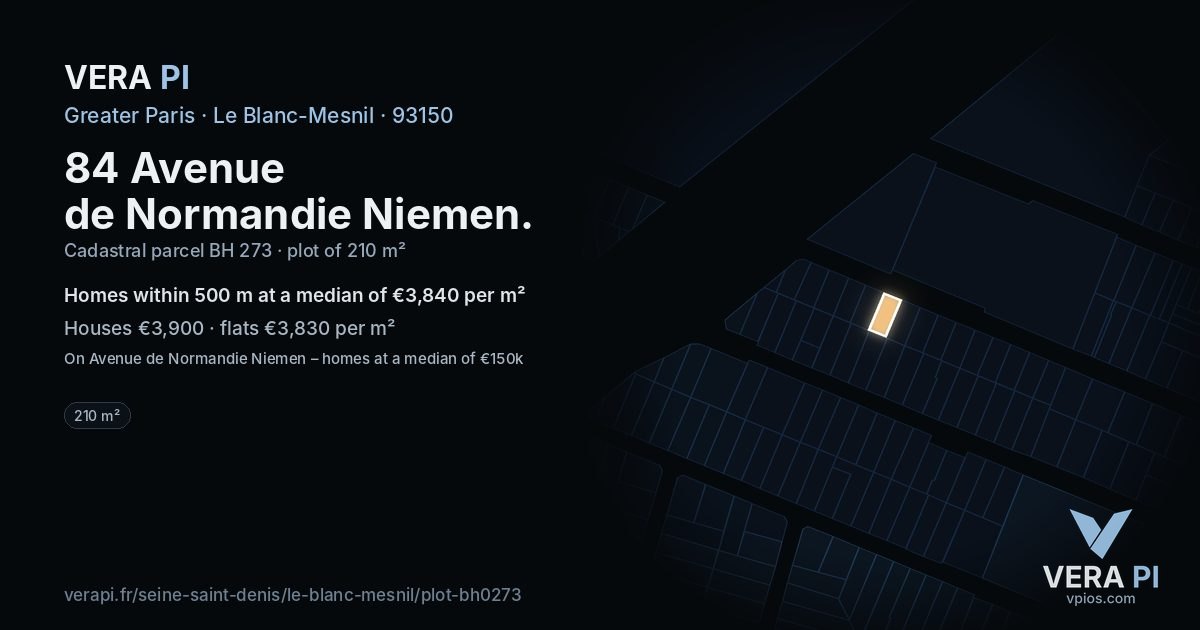 84 Avenue de Normandie Niemen, Le Blanc-Mesnil at night – the plot lit, the parcels around coloured by the prices near them
