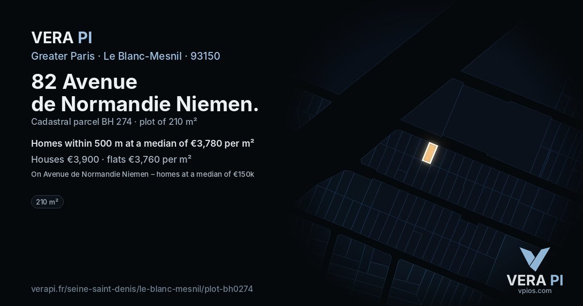 82 Avenue de Normandie Niemen, Le Blanc-Mesnil at night – the plot lit, the parcels around coloured by the prices near them