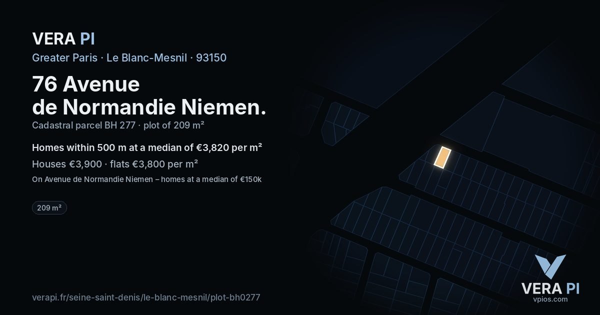 76 Avenue de Normandie Niemen, Le Blanc-Mesnil at night – the plot lit, the parcels around coloured by the prices near them