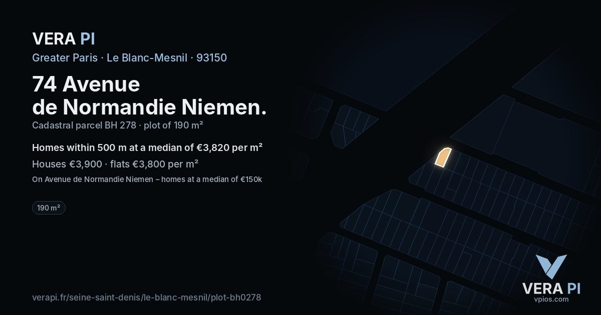 74 Avenue de Normandie Niemen, Le Blanc-Mesnil at night – the plot lit, the parcels around coloured by the prices near them