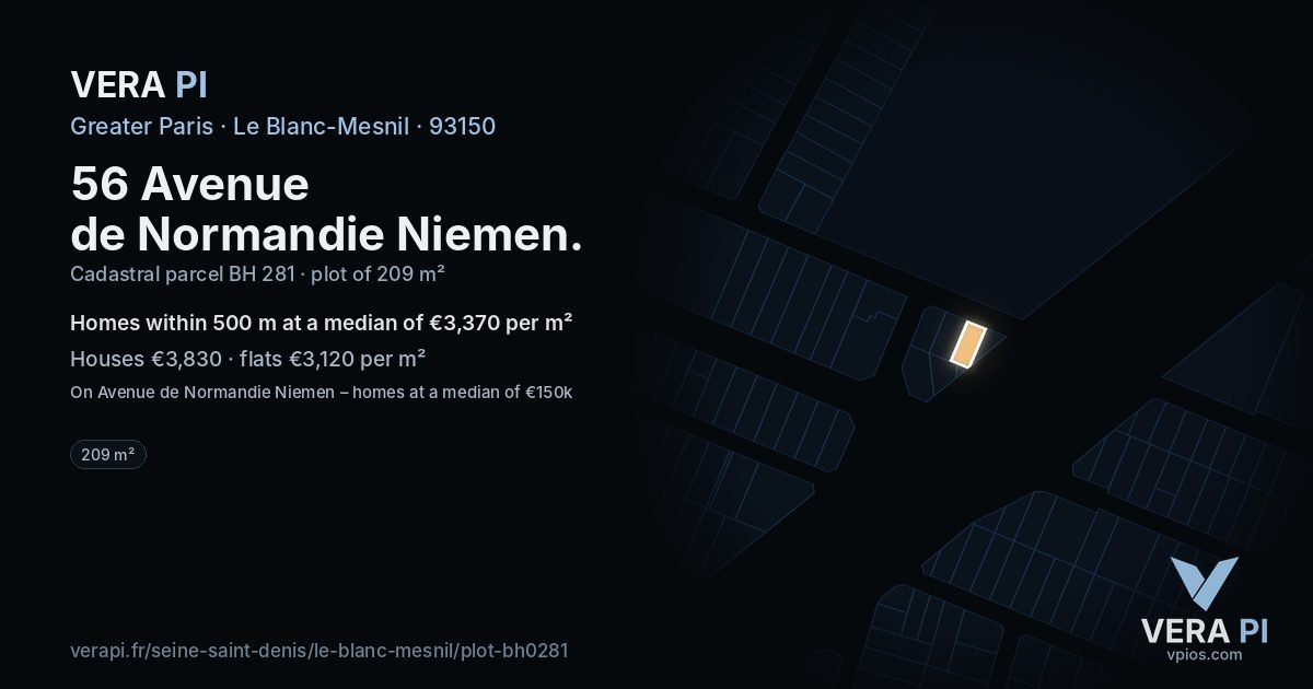56 Avenue de Normandie Niemen, Le Blanc-Mesnil at night – the plot lit, the parcels around coloured by the prices near them