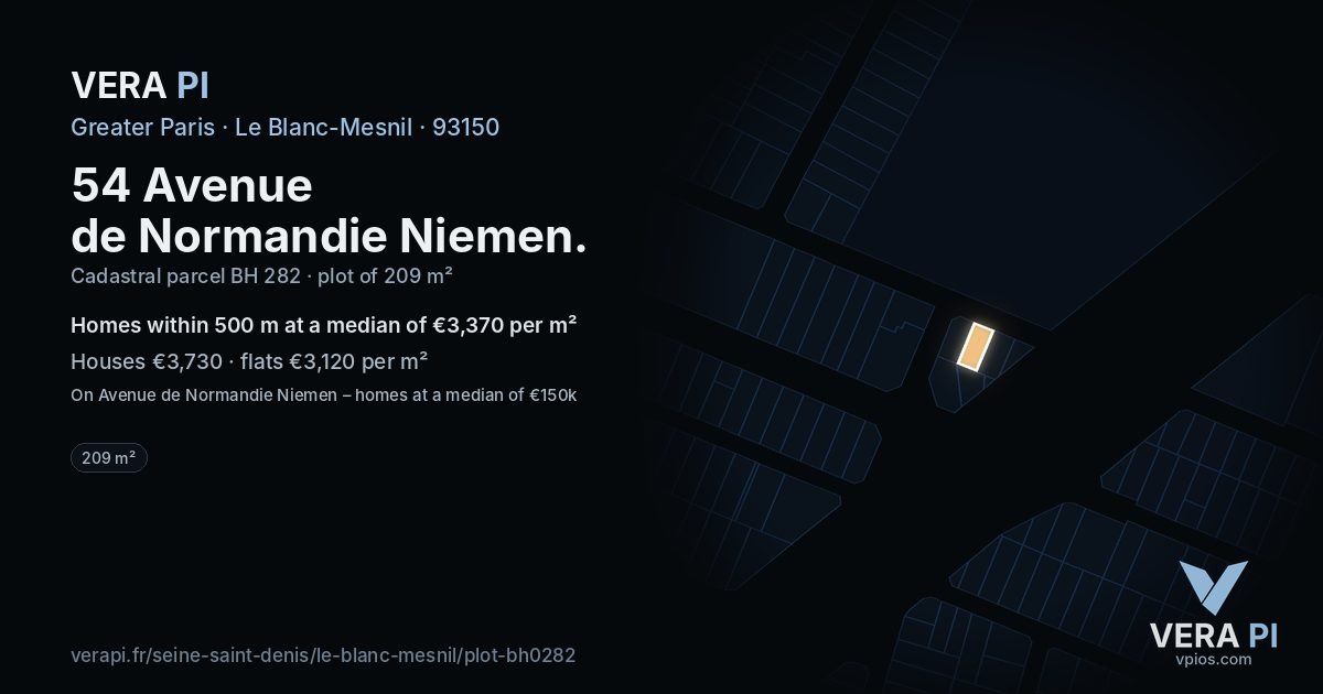 54 Avenue de Normandie Niemen, Le Blanc-Mesnil at night – the plot lit, the parcels around coloured by the prices near them