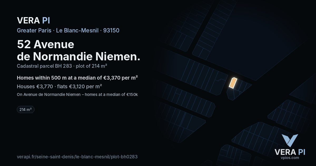 52 Avenue de Normandie Niemen, Le Blanc-Mesnil at night – the plot lit, the parcels around coloured by the prices near them