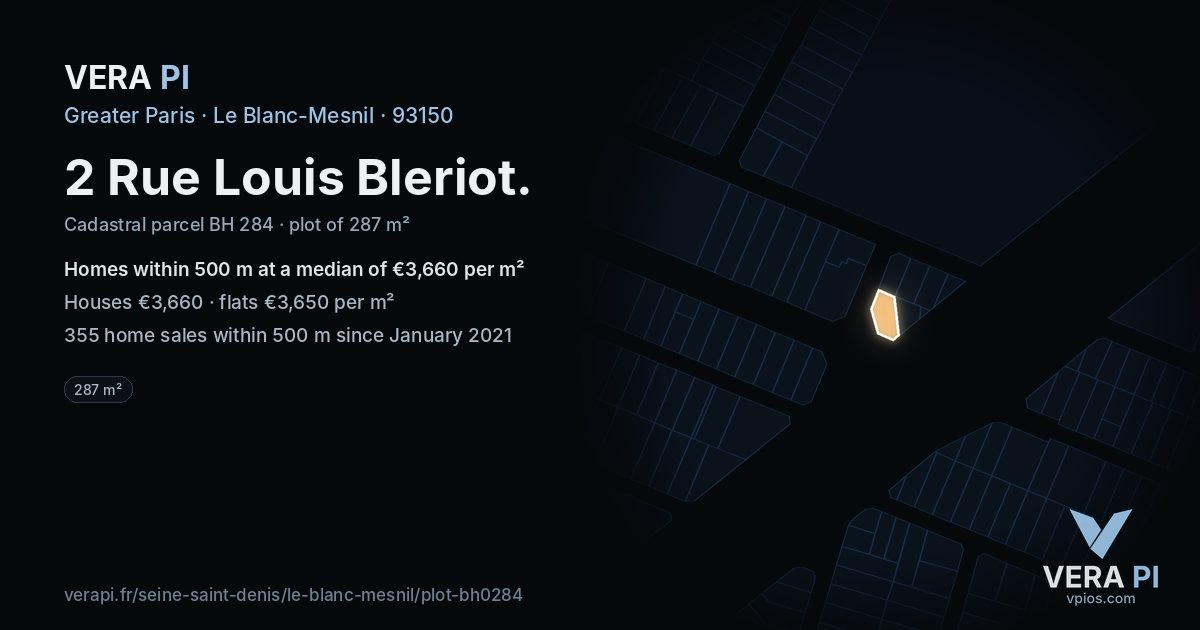 2 Rue Louis Bleriot, Le Blanc-Mesnil at night – the plot lit, the parcels around coloured by the prices near them