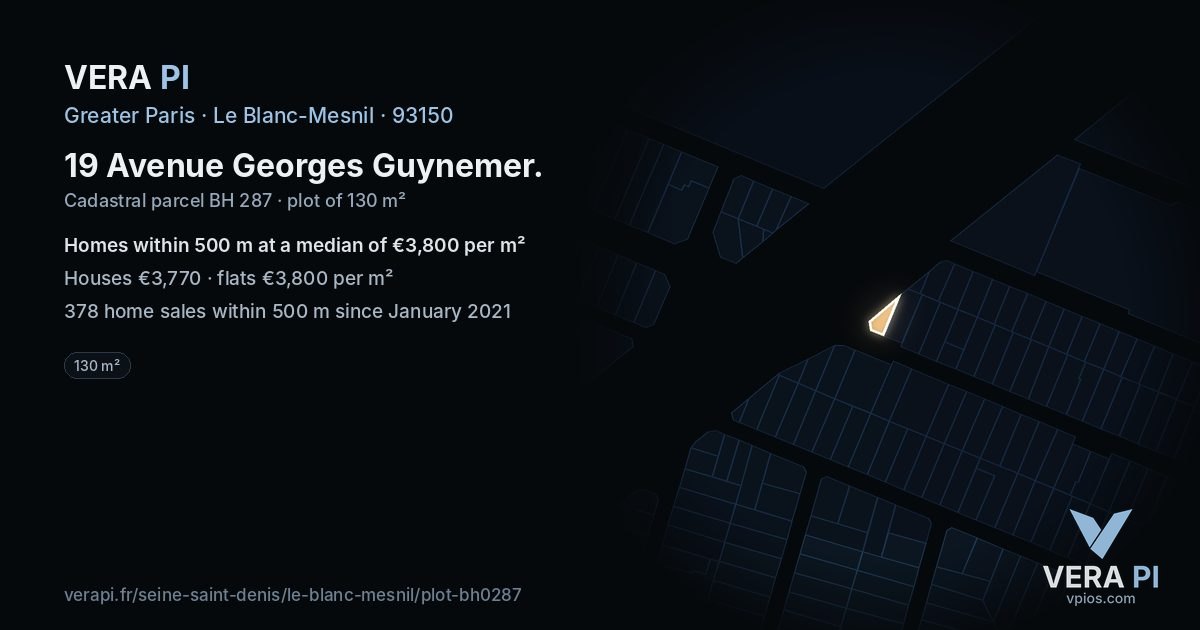 19 Avenue Georges Guynemer, Le Blanc-Mesnil at night – the plot lit, the parcels around coloured by the prices near them