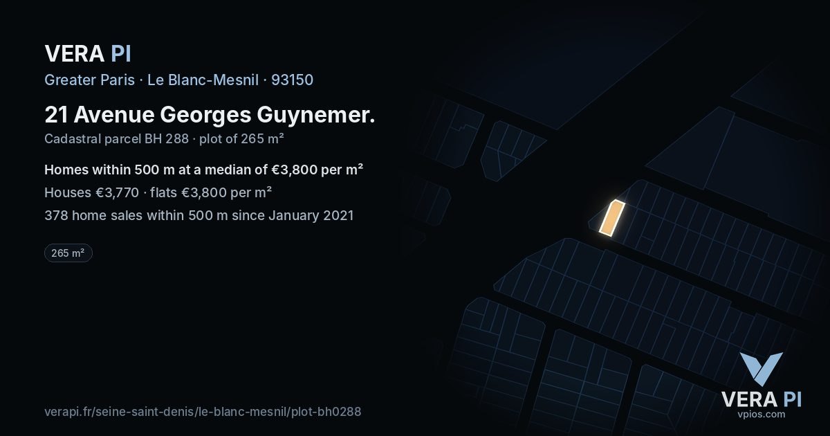 21 Avenue Georges Guynemer, Le Blanc-Mesnil at night – the plot lit, the parcels around coloured by the prices near them