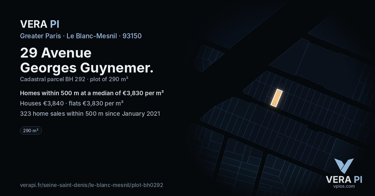 29 Avenue Georges Guynemer, Le Blanc-Mesnil at night – the plot lit, the parcels around coloured by the prices near them