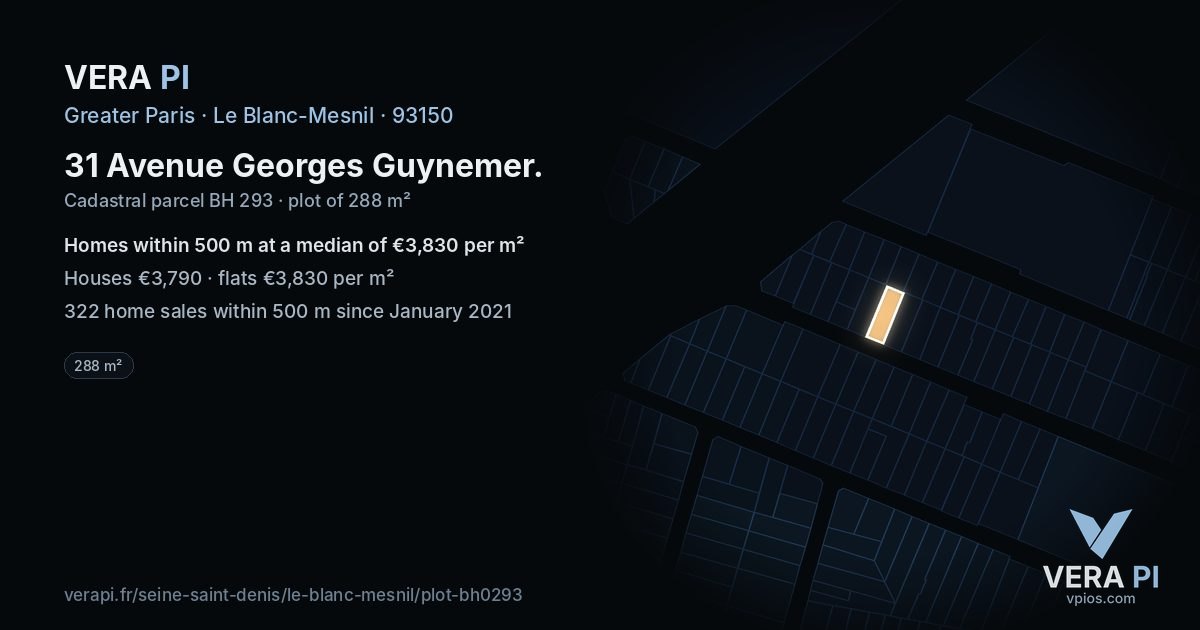 31 Avenue Georges Guynemer, Le Blanc-Mesnil at night – the plot lit, the parcels around coloured by the prices near them