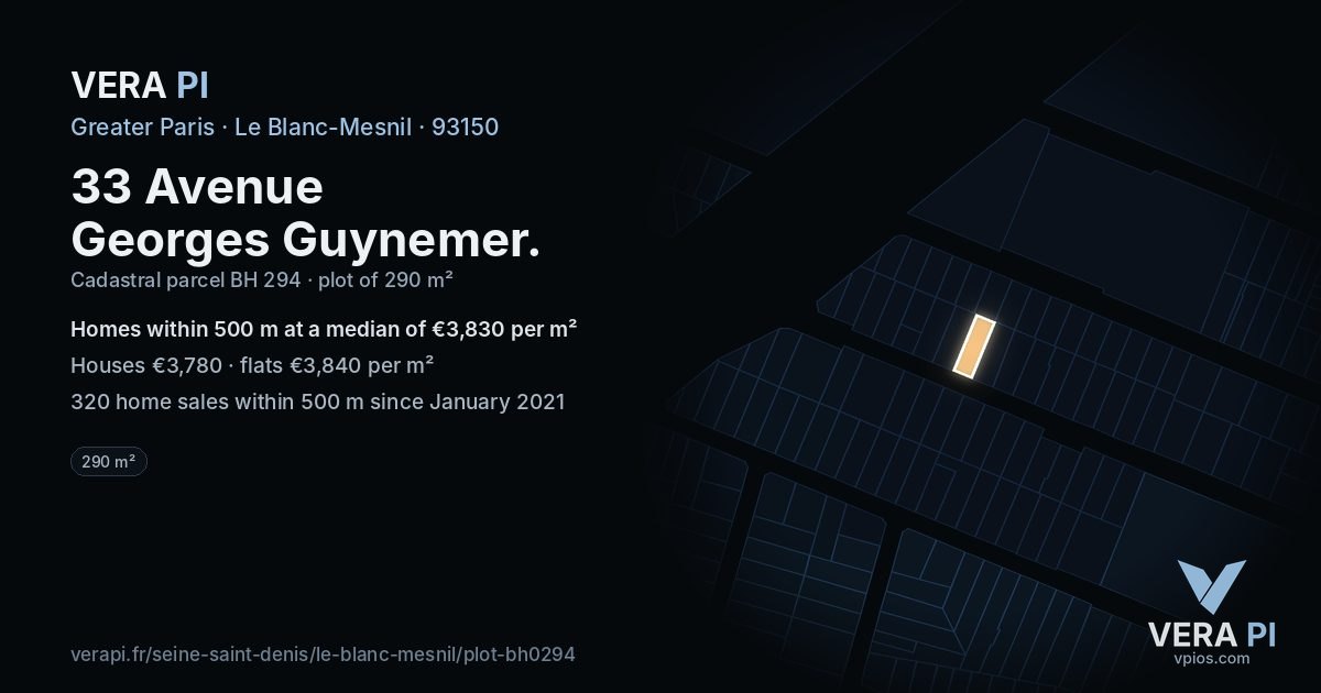 33 Avenue Georges Guynemer, Le Blanc-Mesnil at night – the plot lit, the parcels around coloured by the prices near them