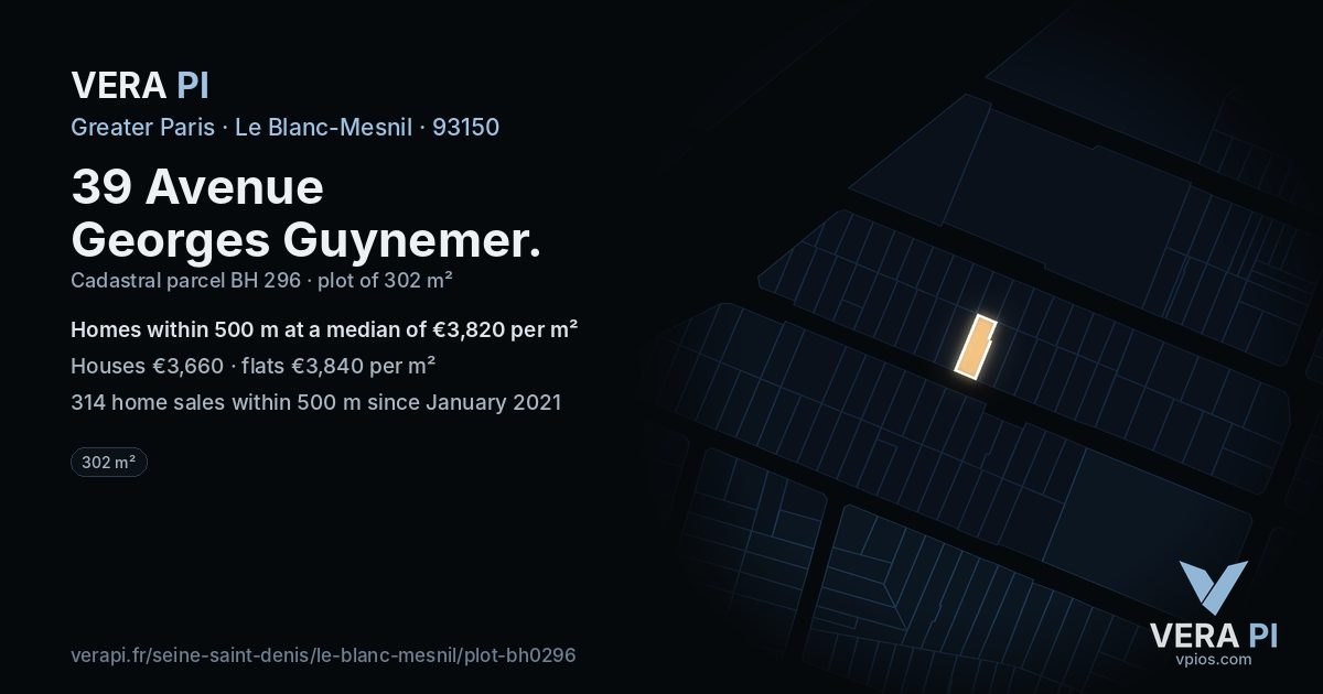 39 Avenue Georges Guynemer, Le Blanc-Mesnil at night – the plot lit, the parcels around coloured by the prices near them